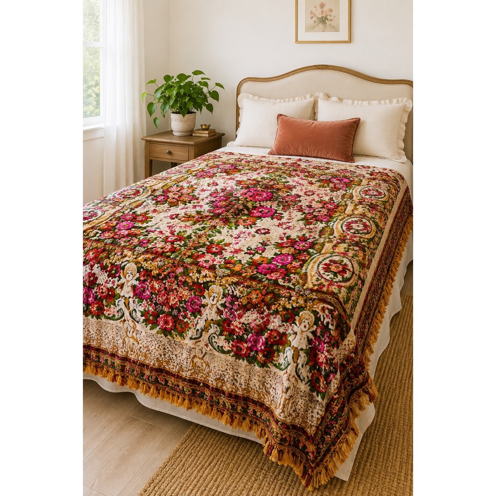 Vintage Italian Velvet Tapestry Coverlet Cherubs Floral Cottagecore Romantic MCM